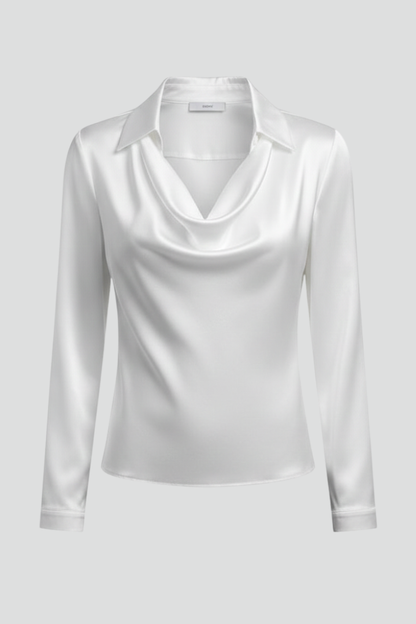Women’s Satin Blouse with Draped Collar and Long Sleeves