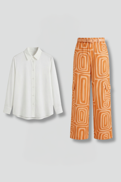 Women’s Shirt and Trousers Set with Button Closure and Straight Legs