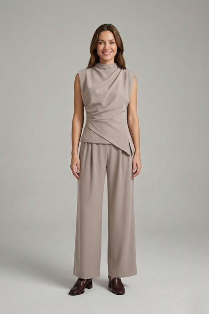 Women’s Top and Trousers Set with Round Neck and Straight Legs