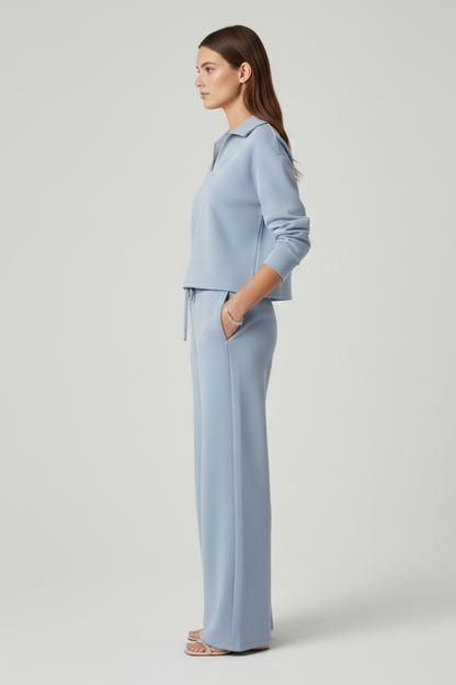 Women’s Two-Piece Set with V-Neck Top and Wide-Leg Pants