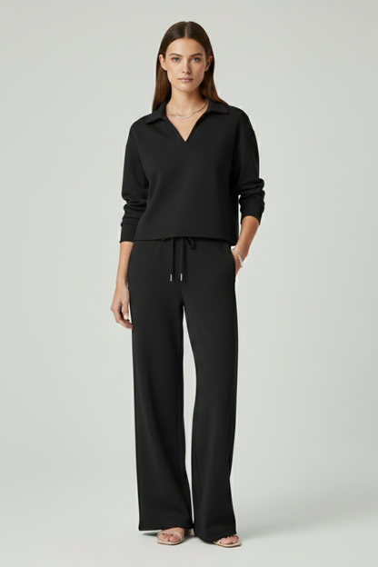 Women’s Two-Piece Set with V-Neck Top and Wide-Leg Pants