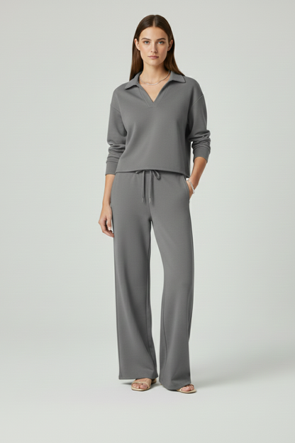 Women’s Two-Piece Set with V-Neck Top and Wide-Leg Pants