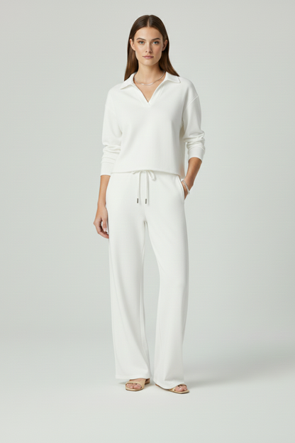 Women’s Two-Piece Set with V-Neck Top and Wide-Leg Pants