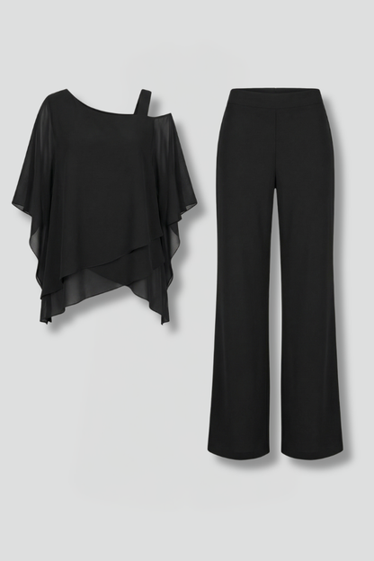 Women’s Two Piece Set with Asymmetrical Top and Wide Leg Trousers