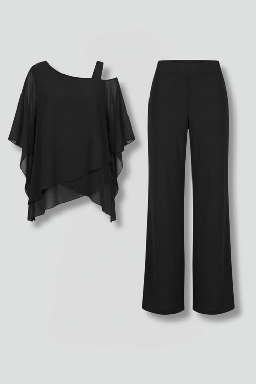 Women’s Two Piece Set with Asymmetrical Top and Wide Leg Trousers