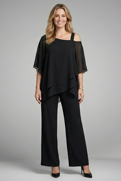 Women’s Two Piece Set with Asymmetrical Top and Wide Leg Trousers