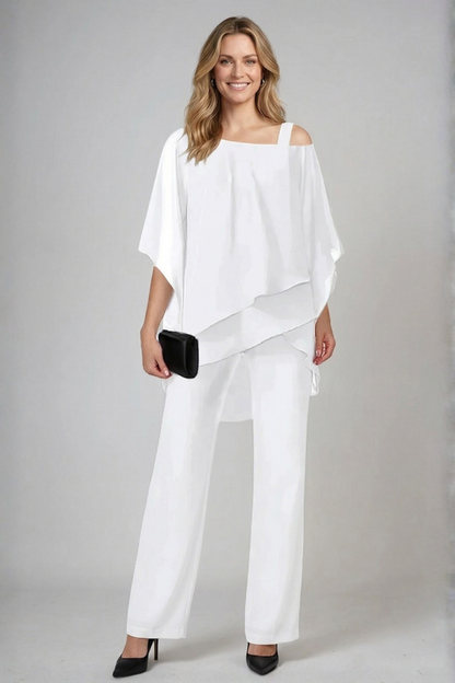 Women’s Two Piece Set with Asymmetrical Top and Wide Leg Trousers
