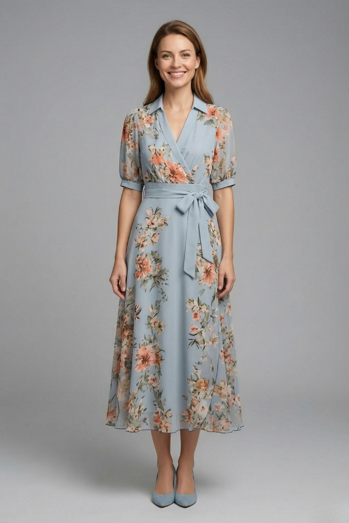 Women's V-Neck Wrap Dress with Adjustable Waist Tie