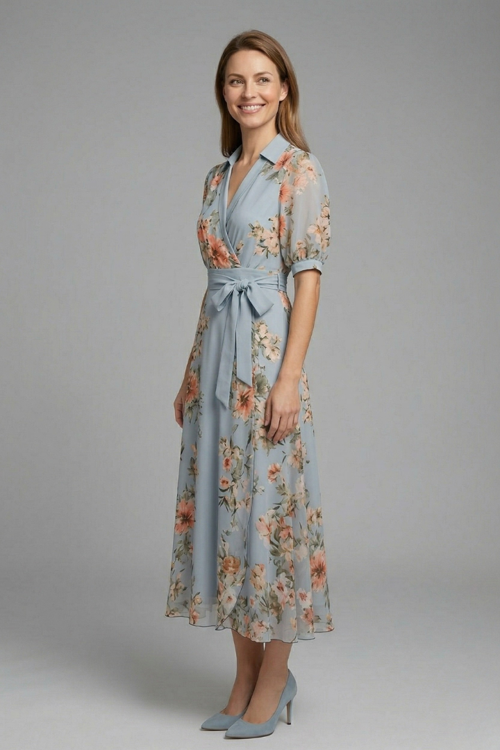 Women's V-Neck Wrap Dress with Adjustable Waist Tie