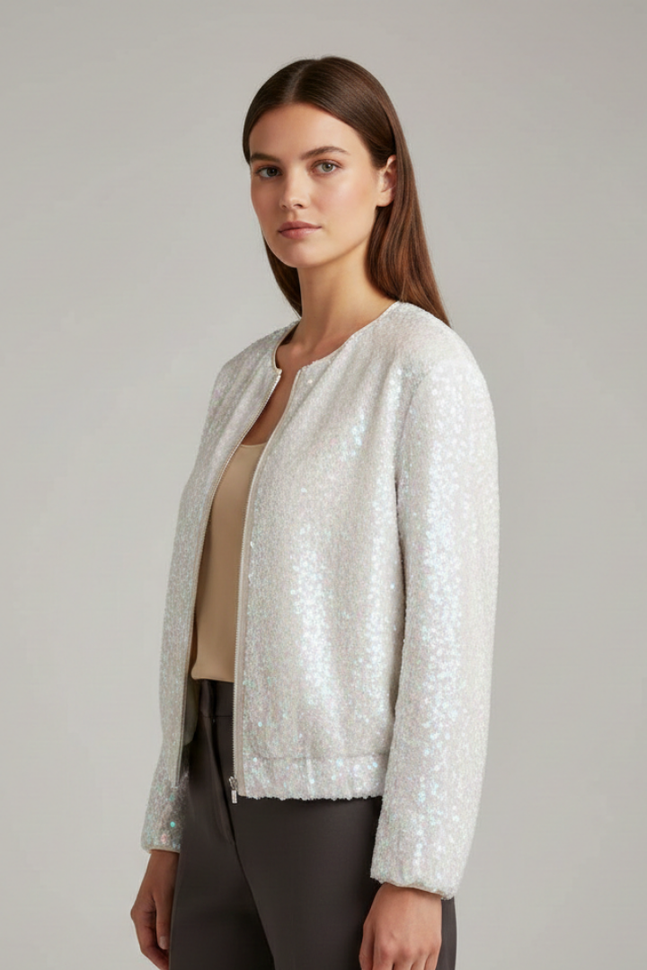 Women's Zip Jacket with Round Neckline and Textured Surface
