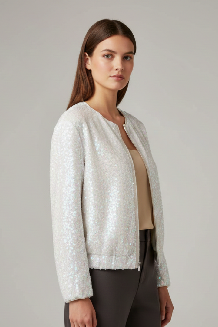 Women's Zip Jacket with Round Neckline and Textured Surface