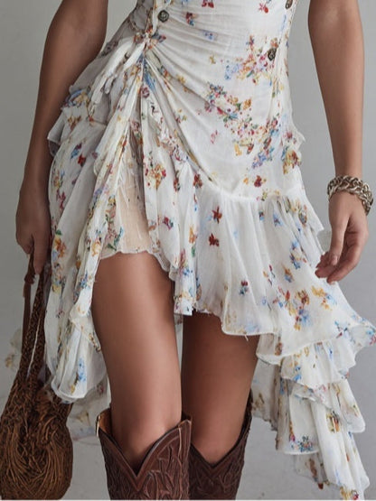 Women's Retro Floral V-Neck Mini Dress with Spaghetti Straps for Casual Style