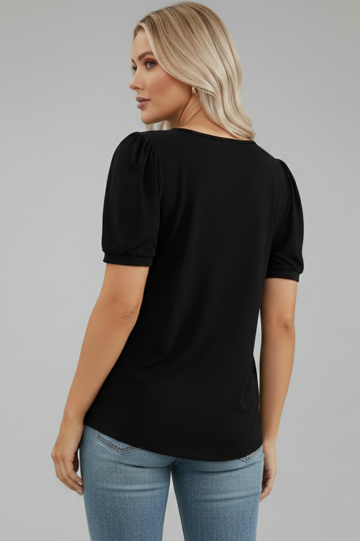 Women's T-Shirt with Round Neck and Short Puff Sleeves