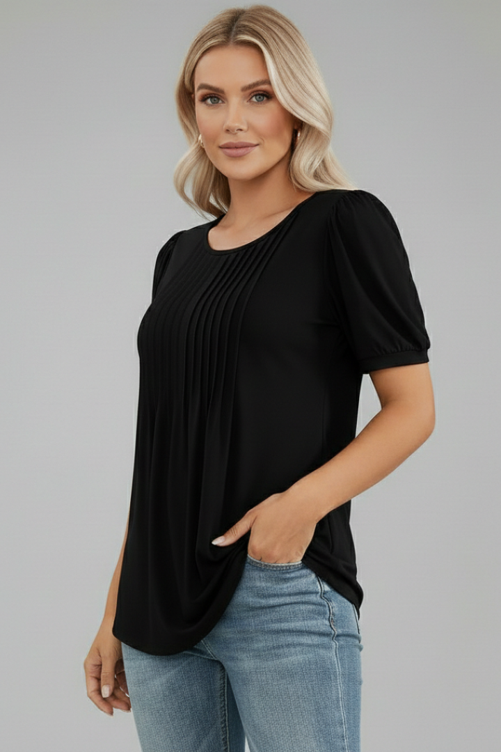 Women's T-Shirt with Round Neck and Short Puff Sleeves