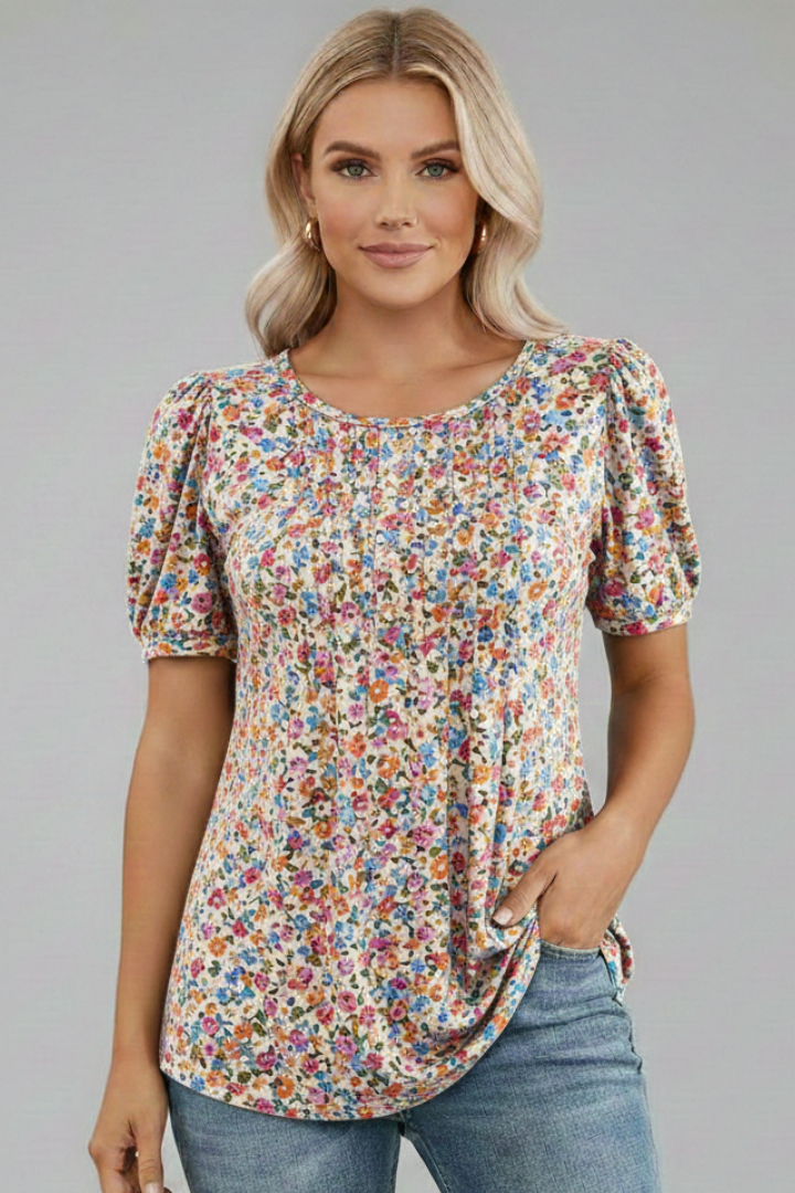Women's T-Shirt with Round Neck and Short Puff Sleeves