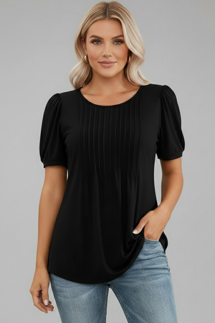 Women's T-Shirt with Round Neck and Short Puff Sleeves