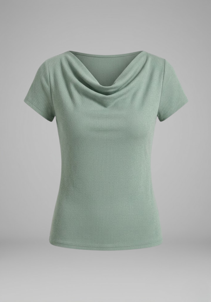 Women's Cowl Neck Ruched Blouse with Short Sleeves