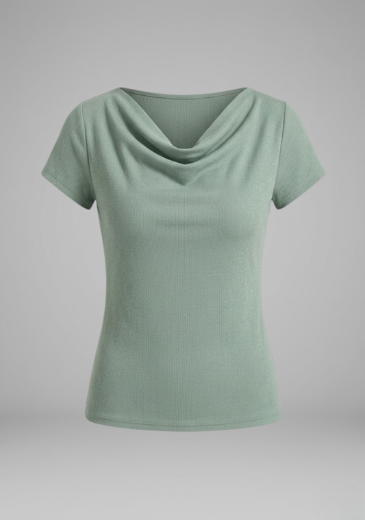 Women's Cowl Neck Ruched Blouse with Short Sleeves