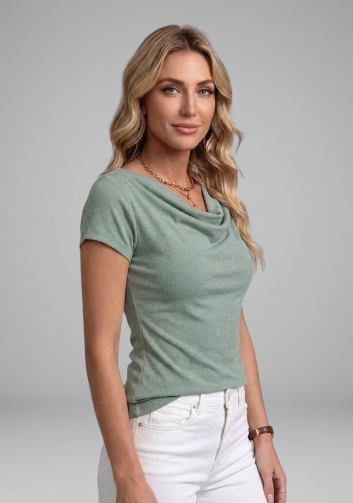 Women's Cowl Neck Ruched Blouse with Short Sleeves