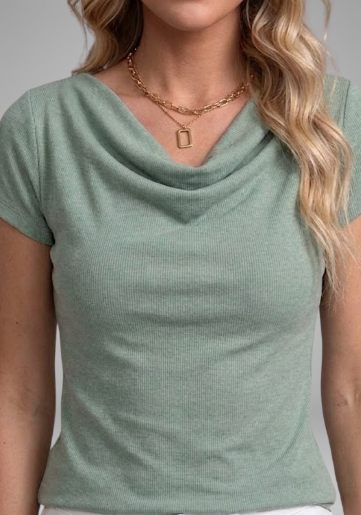 Women's Cowl Neck Ruched Blouse with Short Sleeves