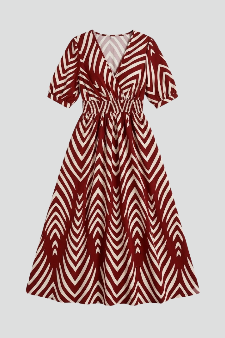 Women's Boho Zigzag Print Midi Dress with V-Neckline and Short Sleeves