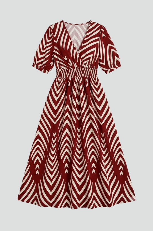 Women's Boho Zigzag Print Midi Dress with V-Neckline and Short Sleeves