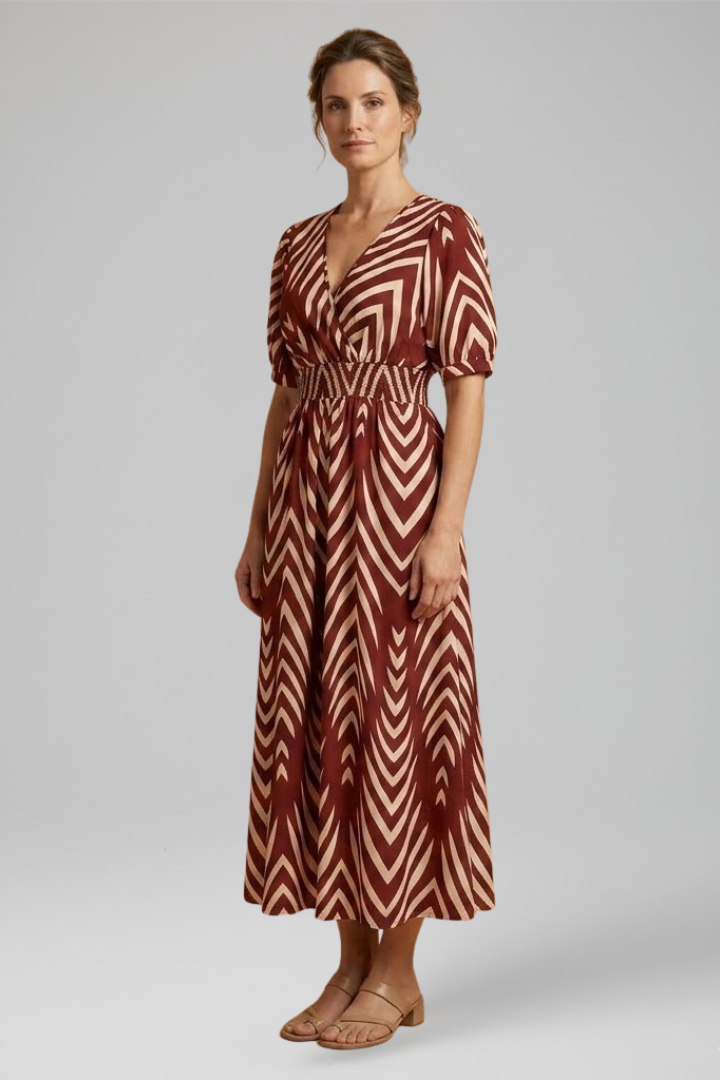 Women's Boho Zigzag Print Midi Dress with V-Neckline and Short Sleeves