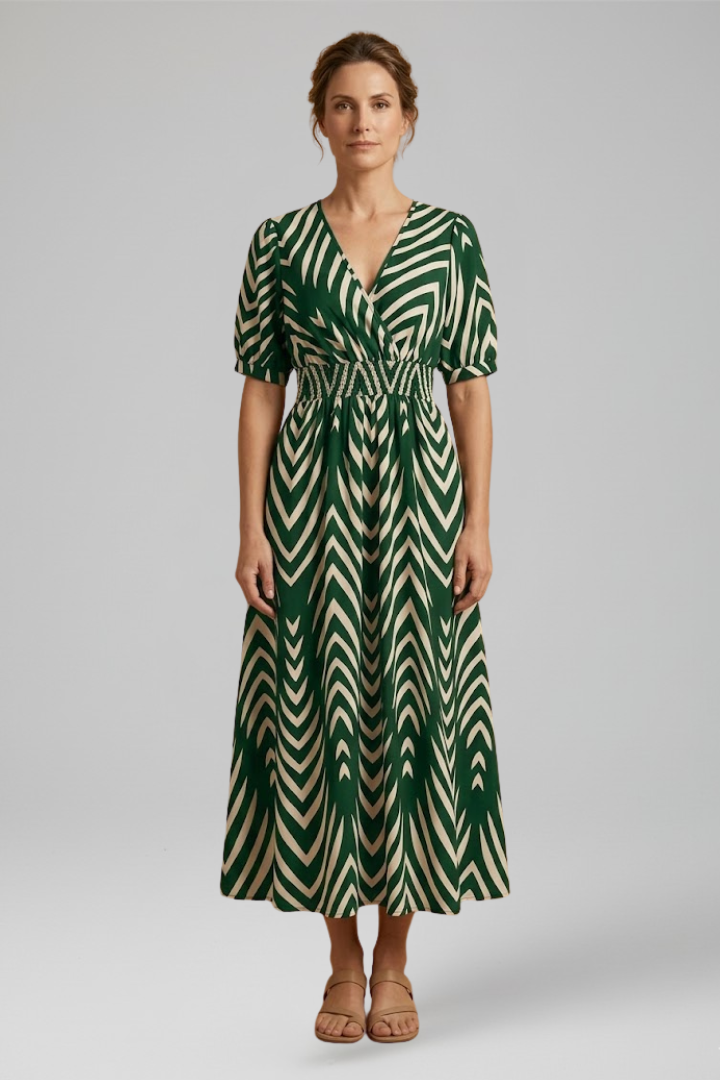 Women's Boho Zigzag Print Midi Dress with V-Neckline and Short Sleeves