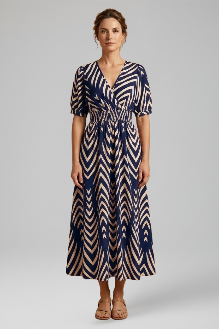 Women's Boho Zigzag Print Midi Dress with V-Neckline and Short Sleeves