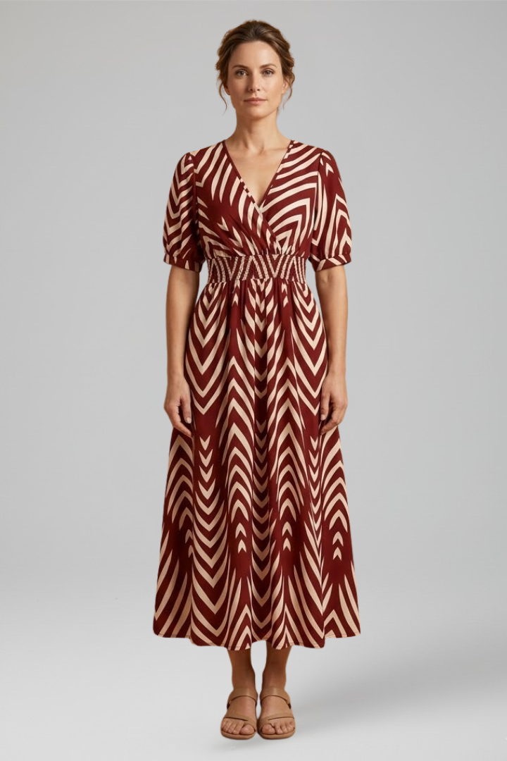 Women's Boho Zigzag Print Midi Dress with V-Neckline and Short Sleeves
