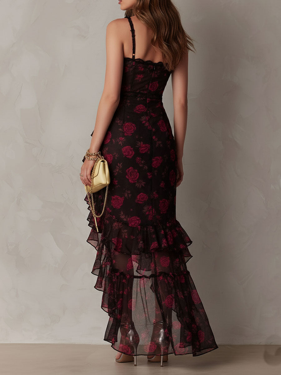 Women's Chic Black and Red Floral Ruffle Hem Dress for a Romantic Look