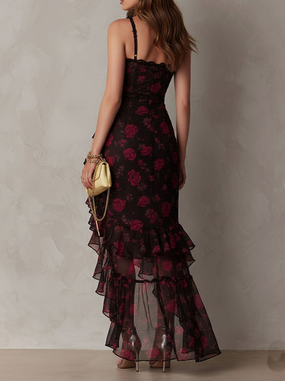 Women's Chic Black and Red Floral Ruffle Hem Dress for a Romantic Look