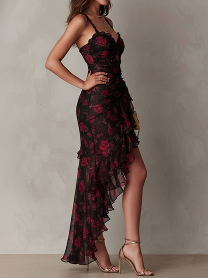 Women's Chic Black and Red Floral Ruffle Hem Dress for a Romantic Look
