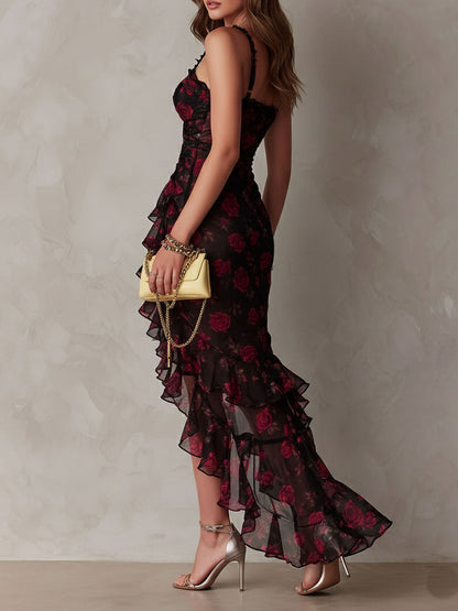 Women's Chic Black and Red Floral Ruffle Hem Dress for a Romantic Look