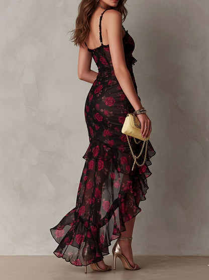 Women's Chic Black and Red Floral Ruffle Hem Dress for a Romantic Look