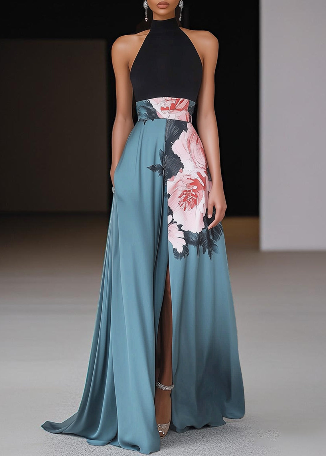 Women’s Maxi Dress with Halter Mock Neck and Floral Placement Print