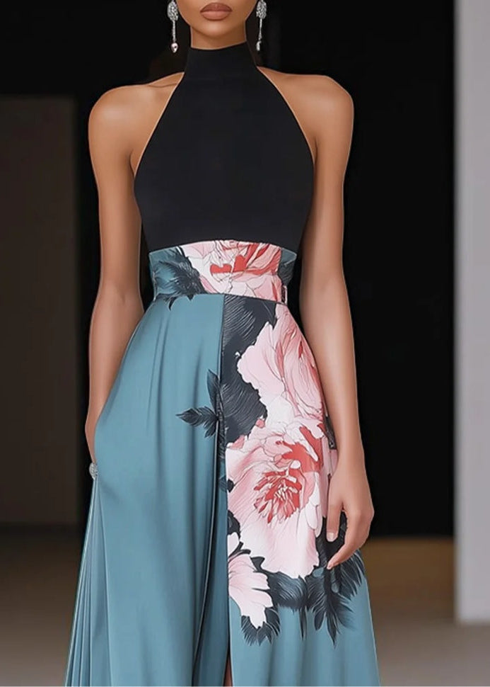 Women’s Maxi Dress with Halter Mock Neck and Floral Placement Print