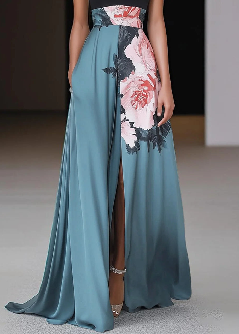 Women’s Maxi Dress with Halter Mock Neck and Floral Placement Print