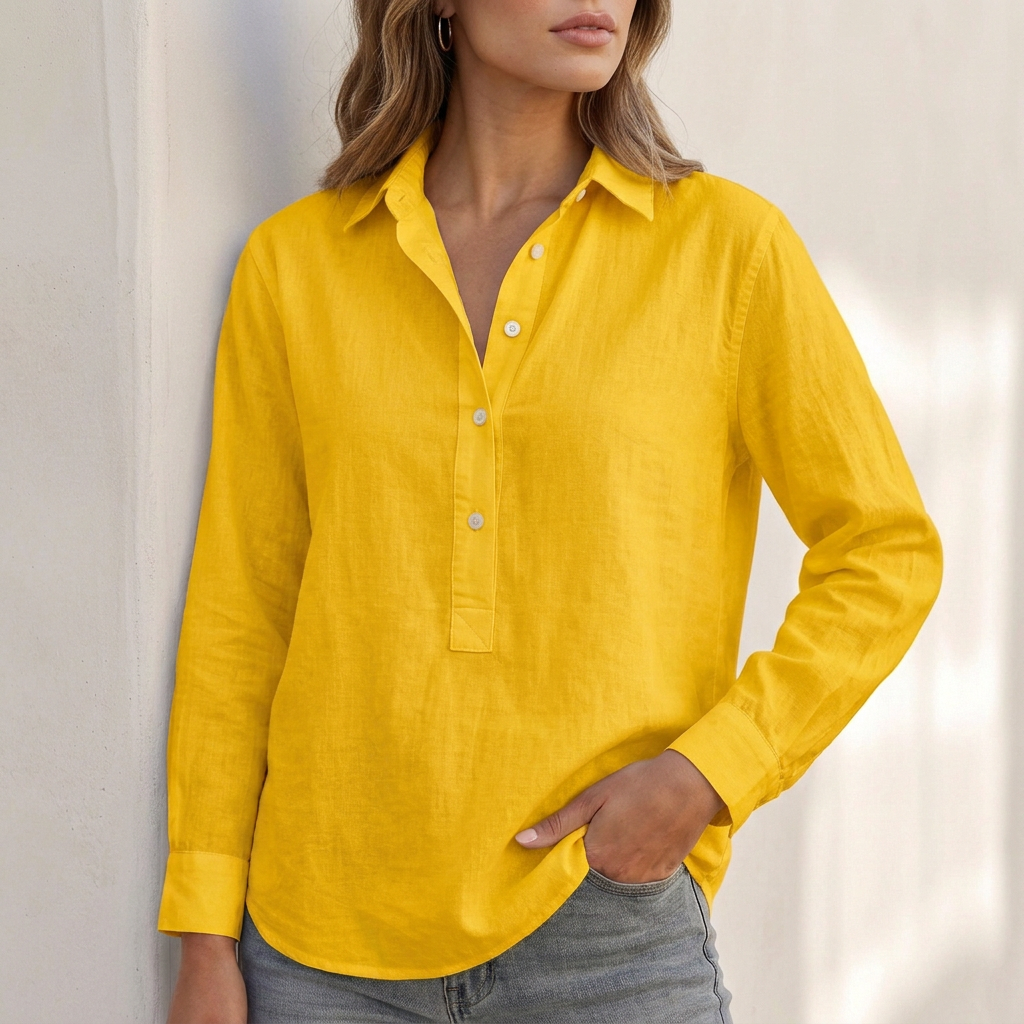 Women’s Popover Blouse with Point Collar and Partial Button Placket