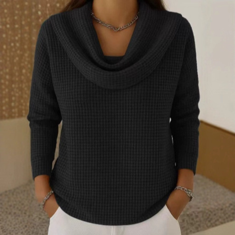 Women's Waffle-Knit Cowl Neck Long Sleeve Top