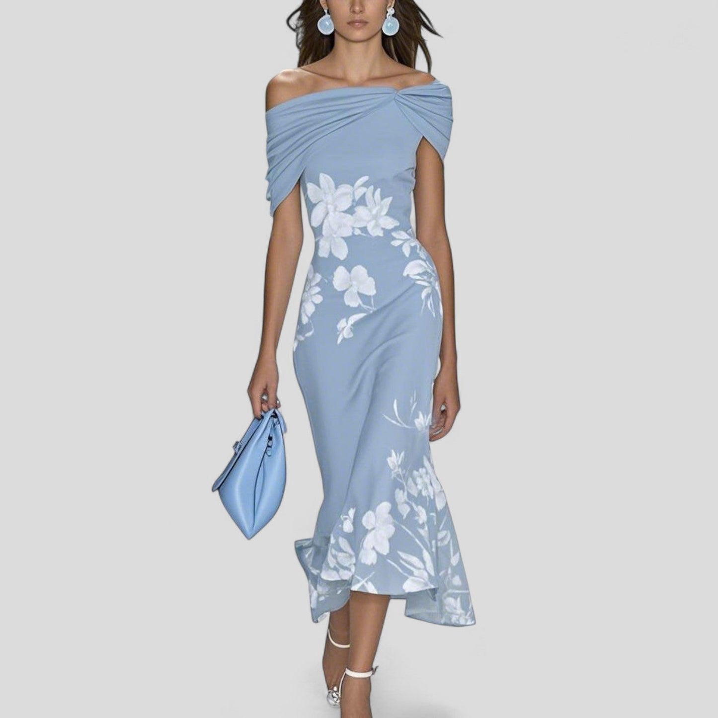 Women’s Midi Dress with Off-Shoulder Draped Bodice and Floral Ruffle Hem