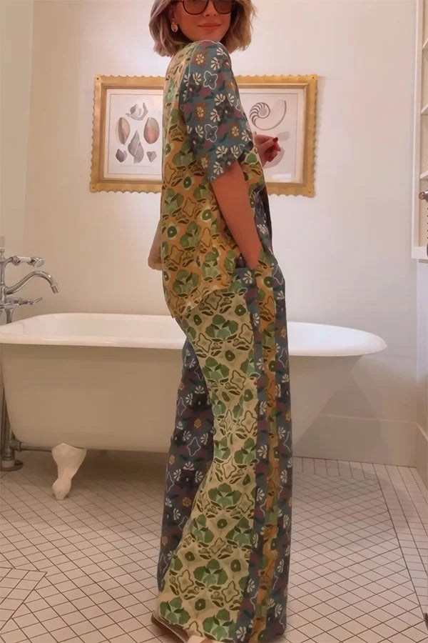 Women’s Two-Piece Set with Floral Patchwork Blouse and Wide Leg Pocket Pants