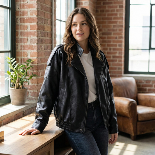 Ceylan Women's Textured Faux Leather Jacket Stand Collar Bomber