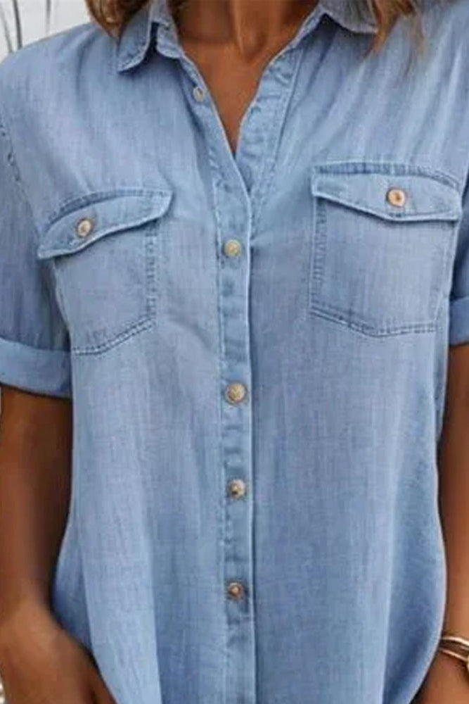 Women's Denim Shirt Dress Short Sleeve Button Down Collared Mini