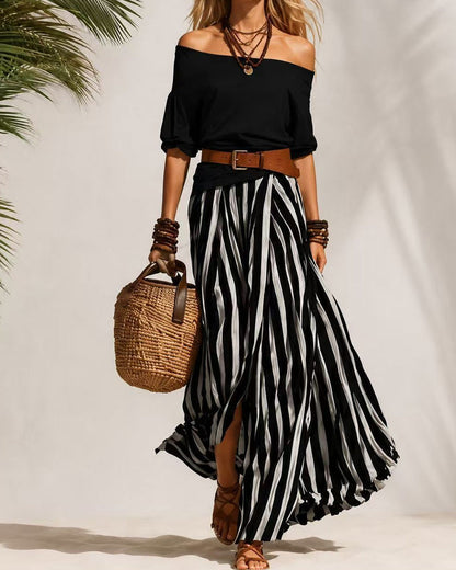 Women's Striped Maxi Skirt Set with Off-Shoulder Top for Effortless Style
