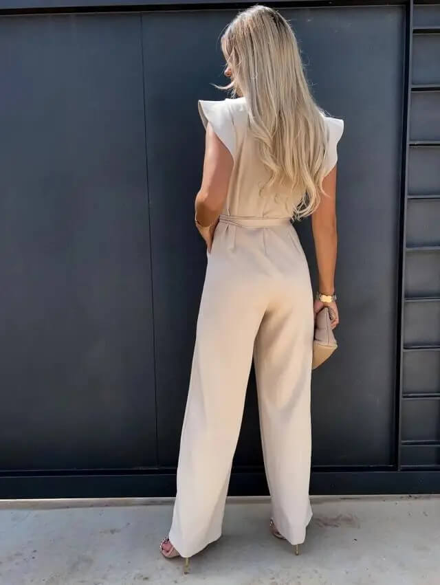 Women’s Wide Leg Jumpsuit with Ruffle Sleeves and Belted Waist
