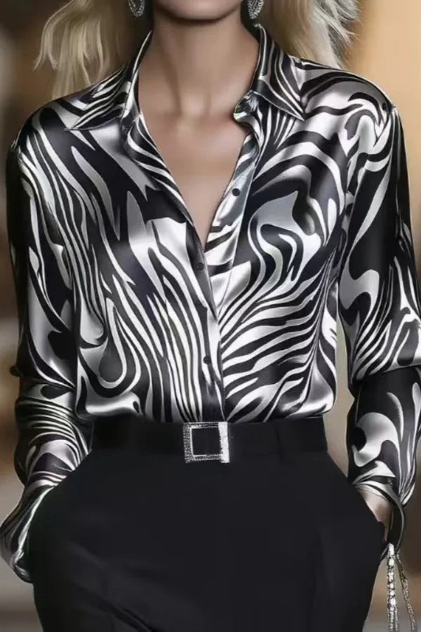Women's Button Down Shirt with Zebra Print and Satin Liquid Sheen Finish