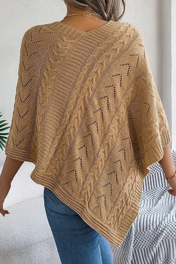 Women’s Knitted Cape with Openwork Pointelle Stitch and Scalloped Hem