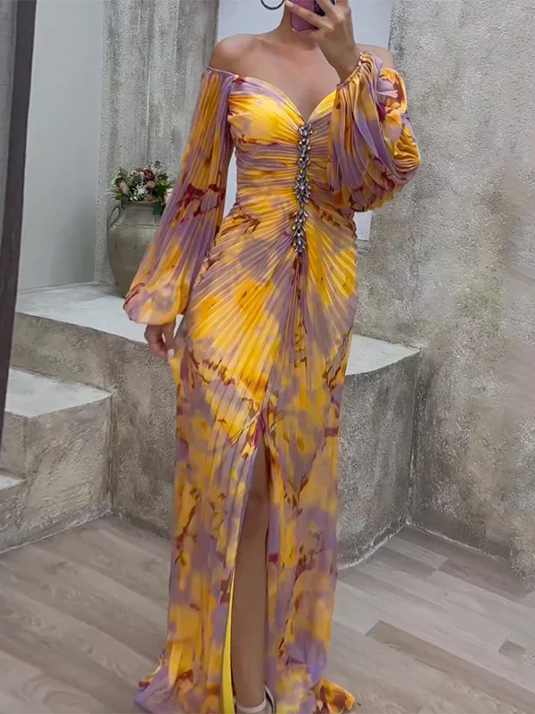 Women’s Plissé Maxi Dress Off-Shoulder Puff Sleeve Embellished Wedding Guest Gown