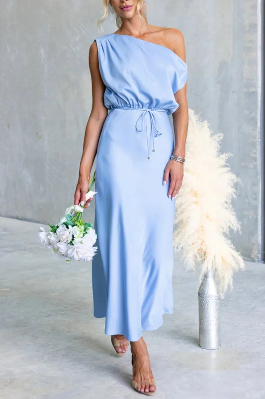 Women’s One-Shoulder Maxi Dress with Adjustable Waist Belt and Pleated Skirt
